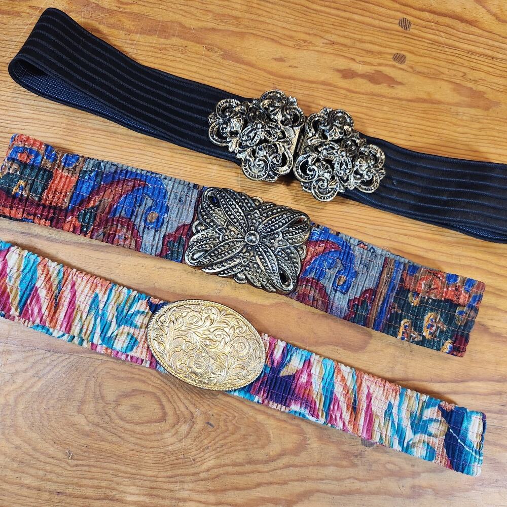 Vintage Statement Stretch Belt Lot of 3 Boho Floral Buckle Wide Waist Belts
